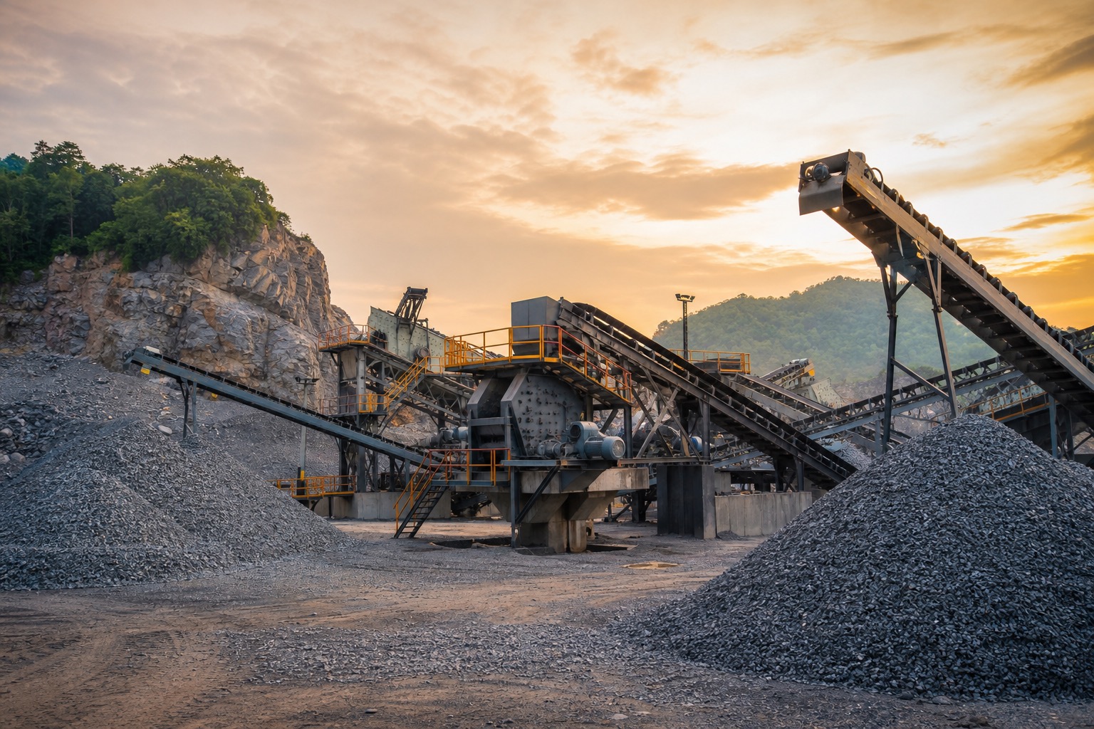 Industrial quarry crushing plant and conveyors